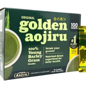 The Golden Aojiru - Young Barley Green Grass Juice Powder with Rich Dietary Fiber, Japanese Grown - Ready-to-Use 0.1 oz. (3g) Individual Packet × 100pcs Nihon Yakke