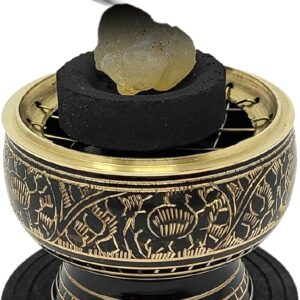 New Age Imports, Inc. India Small Decorated Brass Charcoal Screen Incense Burner with Wooden Coaste