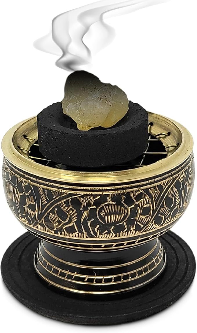 New Age Imports, Inc. India Small Decorated Brass Charcoal Screen Incense Burner with Wooden Coaste